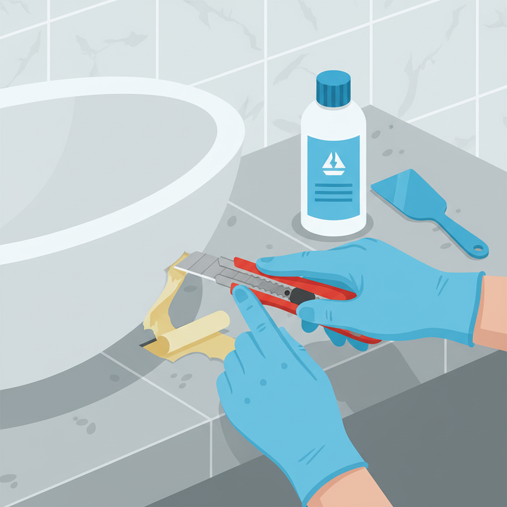 A vibrant and detailed flat illustration showcasing the initial step of silicone removal. A pair of generic hands, wearing protective gloves, is carefully using a utility knife or a specialized silicone cutting tool to slice through an old, discolored silicone joint where a bathroom sink meets a tiled countertop. A strip of yellowish, old silicone is visibly peeling away from the surface as the tool cuts through. In the background, subtly blurred, are other essential tools like a bottle of chemical silicone remover and a flexible plastic spatula. The scene emphasizes precision and the beginning of a clean removal process. Clean, modern flat illustration style.