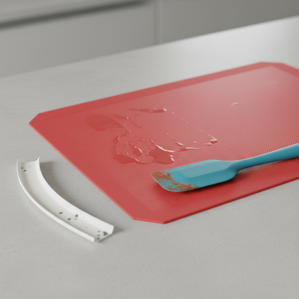 A visually appealing still-life composition featuring various silicone items, subtly showcasing common types of dirt and wear. Include a bright red silicone baking mat with faint grease marks, a blue silicone spatula with a subtle, reddish food stain, and a segment of a white silicone bathroom sealant joint with minor limescale deposits and a few tiny dark spots indicating early mold growth. The items are artfully arranged on a clean, light-colored surface. The overall style is a clean, modern professional photo with soft, even lighting, emphasizing the textures and common challenges of silicone maintenance.