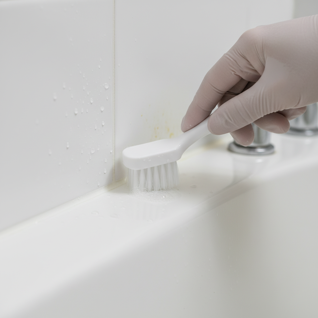 A close-up, dynamic professional photo illustrating the active cleaning of silicone. A hand, wearing a light-colored cleaning glove, is gently scrubbing a dirty silicone sealant joint in a bathroom setting with a small, soft-bristled brush. One half of the joint is visibly sparkling clean and bright, while the adjacent section still shows a slight film of soap scum or a subtle discolored patch. Tiny water droplets or a gentle cleaning foam are visible around the brush, emphasizing the cleaning action. The background is softly blurred to keep the focus sharply on the silicone and the cleaning activity.
