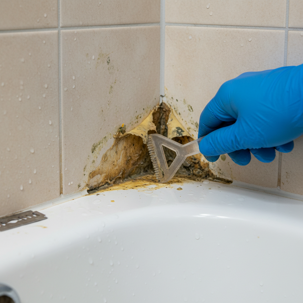 A close-up, professional photo of a bathroom corner, specifically focusing on the seam between a bathtub and a tiled wall. Old, discolored, and slightly moldy silicone caulk is visible, peeling away in some areas, revealing stubborn residue underneath. A gloved hand, holding a small scraper tool, is attempting to remove a particularly difficult section of the silicone, illustrating the challenge of manual removal. The scene emphasizes the persistent nature of old silicone and the need for an effective solution, with realistic lighting and crisp detail.