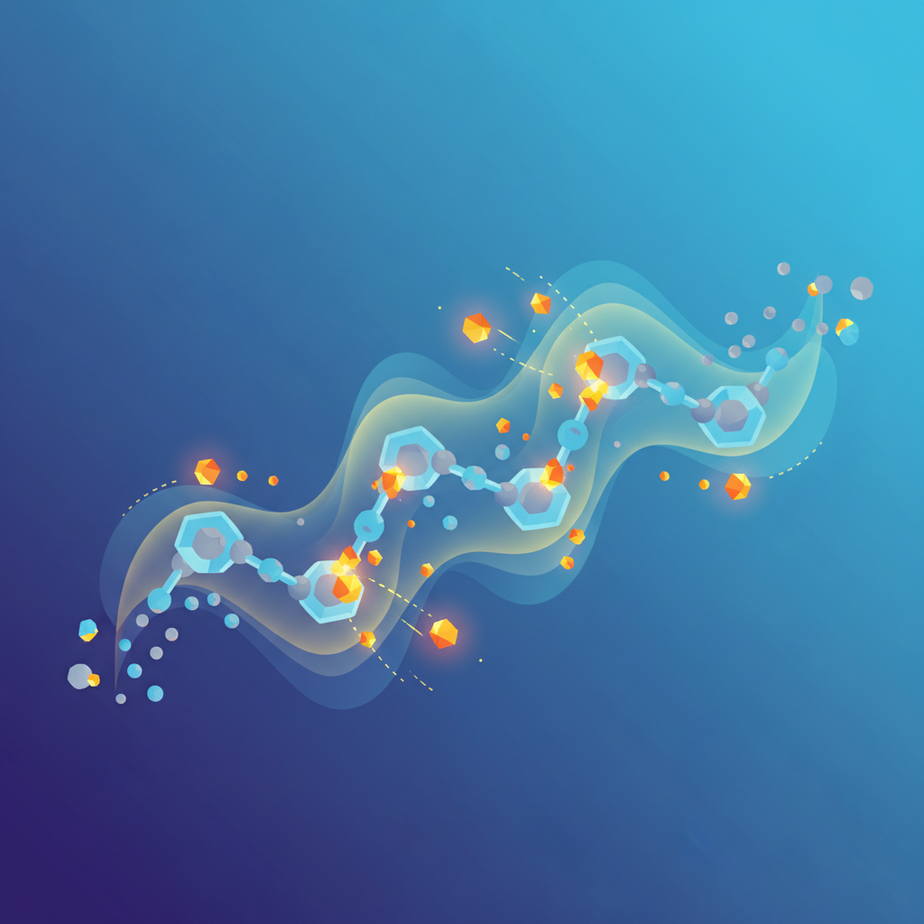 An abstract, infographic-style illustration depicting the chemical process of silicone removal. A stylized, wavy chain of interconnected silicon and oxygen atoms (representing siloxane bonds) forms the central element. Smaller, energetic molecular shapes, representing the silicone remover, are shown actively interacting with and breaking the bonds along the silicone chain. Fragments or individual atoms are detaching from the main chain, visually conveying the weakening and dissolution of the silicone's structure. Clean lines, a vibrant yet professional color palette, illustrating a chemical reaction.