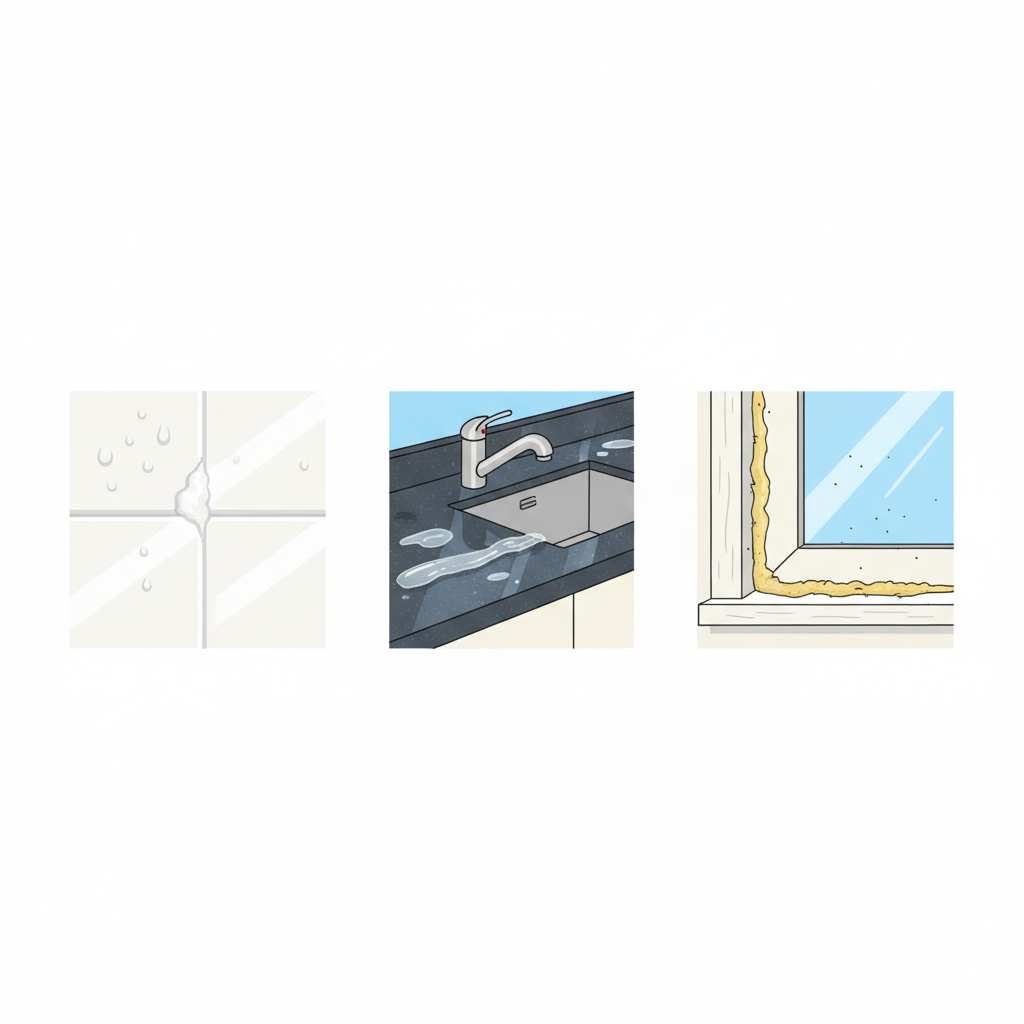 A vibrant flat illustration depicting a common household scenario with multiple distinct silicone stains. Show a small, irregular blob of white silicone sealant clinging to the corner of a clean bathroom tile, a thin streak of clear silicone residue on a dark kitchen countertop near a sink, and a hardened bead of yellowish silicone stuck to a white window frame. The surfaces should look clean otherwise, making the stains stand out as an unwelcome intrusion. The overall scene should be bright and tidy, emphasizing the contrast with the challenging stains.