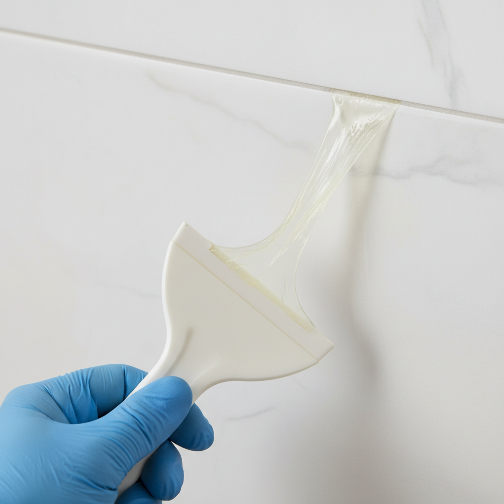 A high-definition professional photo, taken from a slightly overhead perspective, showcasing a gloved hand carefully using a specialized, non-abrasive plastic scraper tool to remove a cured, slightly translucent silicone strip from a smooth, light-colored ceramic tile surface. Focus on the elasticity and rubbery texture of the silicone as it detaches, revealing the perfectly clean, pristine surface underneath. The scraper should be clearly visible, demonstrating the precise mechanical removal process. Lighting should be bright and even, highlighting the textures and the meticulous action.