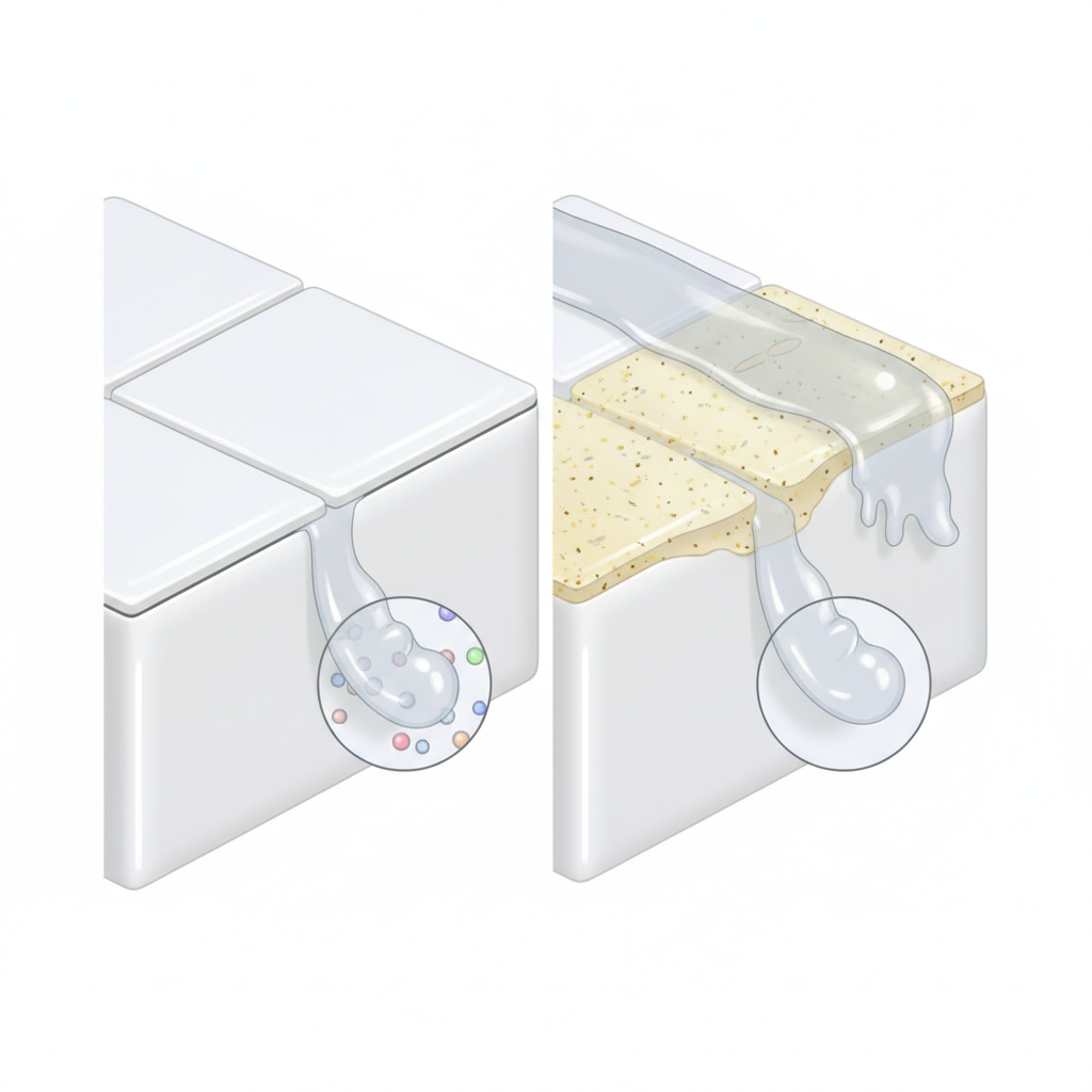A detailed 3D illustration depicting a cross-section of a surface where silicone sealant is applied. The image is split vertically. On the left side, a perfectly clean substrate (e.g., ceramic tile) shows a strong, uniform adhesion with a smooth silicone bead. Microscopic view reveals no gaps or foreign particles between the silicone and the surface. On the right side, the same substrate has visible microscopic particles, a thin greasy film, or old sealant residue between the surface and the silicone bead. This causes the silicone to appear partially detached, with small air pockets or uneven bonding, highlighting poor adhesion. The style is clean and informative.