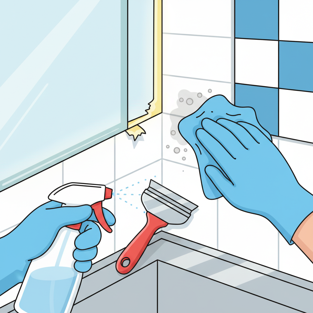 A vibrant flat illustration showcasing various tools and materials used for surface preparation before silicone application. In the foreground, a clean, gloved hand holds a spray bottle of cleaner, aiming at a tiled bathroom corner. Nearby, a scraper is removing a small section of old sealant, and a microfiber cloth is wiping away dust or moisture. Different types of surfaces like glass, tile, and metal are subtly indicated in the background, all appearing ready for cleaning. The focus is on the action of diligent preparation, emphasizing meticulousness through crisp lines and bright, clean colors.