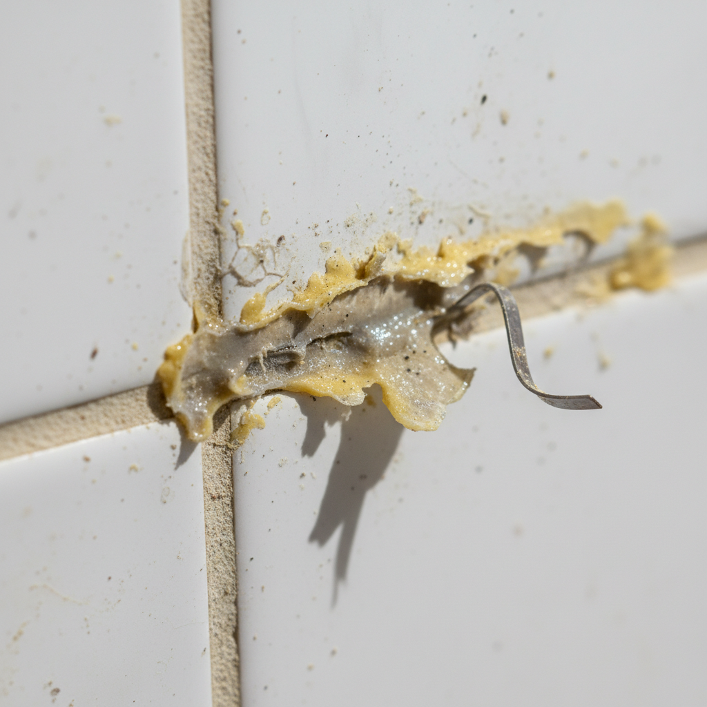 A close-up, professional photo of a stubborn, dried silicone residue along the edge of white bathroom tiles or a kitchen countertop. The silicone appears yellowish or slightly gray, peeling in some areas but firmly adhered in others, creating an unsightly, difficult-to-remove line. Subtle visual cues of its tenacity, like a sticky texture, are emphasized. The overall mood conveys the common frustration of dealing with old, hardened sealant.