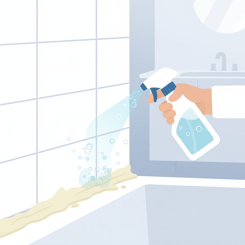 A clean, modern flat illustration depicting the concept of a specialized silicone cleaner at work. A generic spray bottle or tube is shown applying a liquid onto a strip of hardened silicone residue on a tiled surface. Around the silicone, a subtle visual effect suggests molecular breakdown or softening, perhaps with small, stylized particles detaching. The background is simple and clean, focusing on the effectiveness and targeted action of the cleaner.