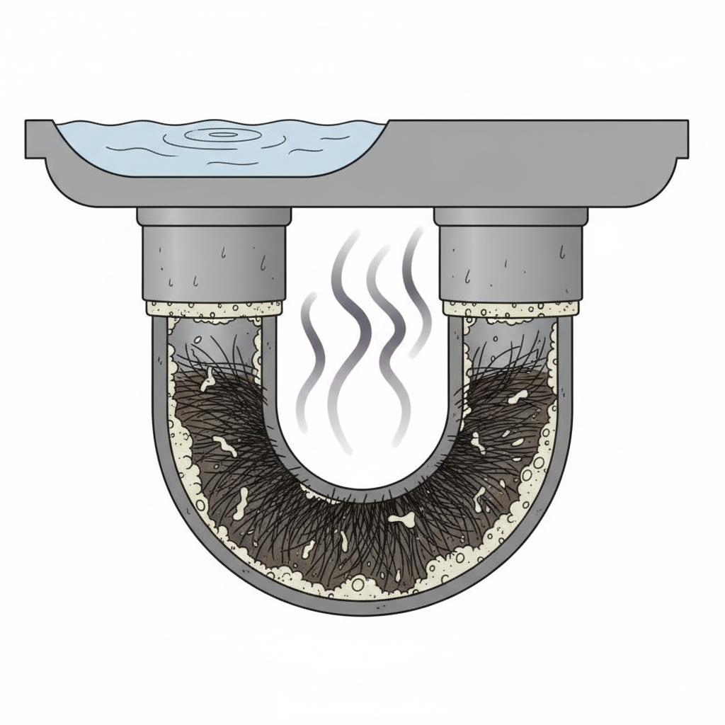 A detailed, realistic cross-section diagram of a U-shaped sink siphon from an under-sink perspective. The top part of the siphon shows water slowly draining from a basin above, indicated by minimal ripples. Inside the U-bend, a dense accumulation of long hair, dark grime, and soap scum is clearly visible, forming a significant blockage. Subtle, wavy lines representing unpleasant, dark vapor are emanating from the clogged area, rising towards the sink drain. The overall scene conveys a sense of blockage and unpleasantness, highlighting the need for cleaning. Professional diagrammatic illustration style with clear details.