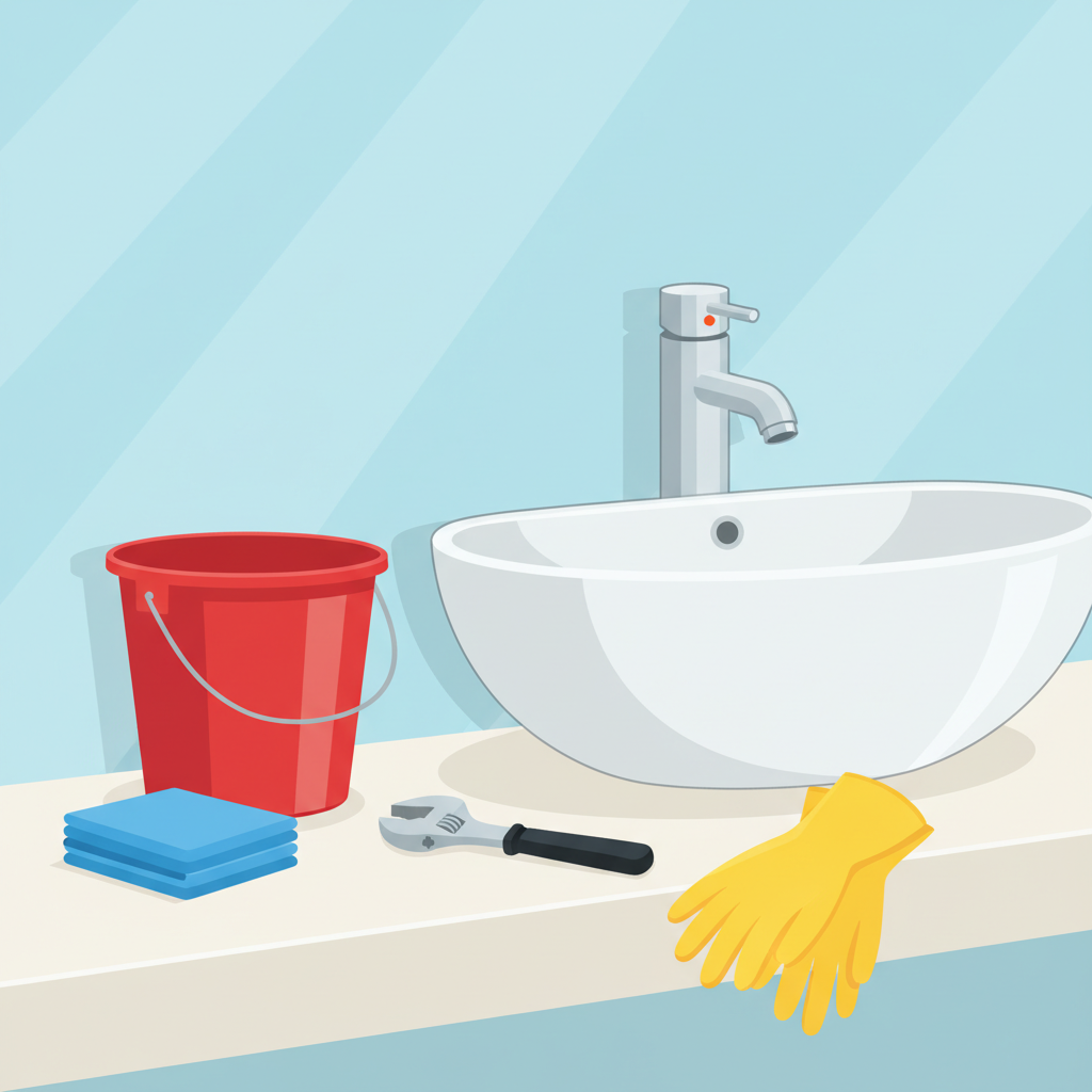A vibrant flat illustration depicting essential tools and materials neatly arranged on a clean countertop next to a sparkling white ceramic bathroom sink. Visible items include a sturdy red bucket, folded blue rags, a silver adjustable pipe wrench, and a pair of yellow rubber gloves. The sink is clean, and its faucet is gleaming, implying a successful or pending cleaning task. The background should be a subtle, light-colored bathroom wall, emphasizing preparedness and a fresh environment. The overall image should evoke readiness for maintenance and a clean outcome.