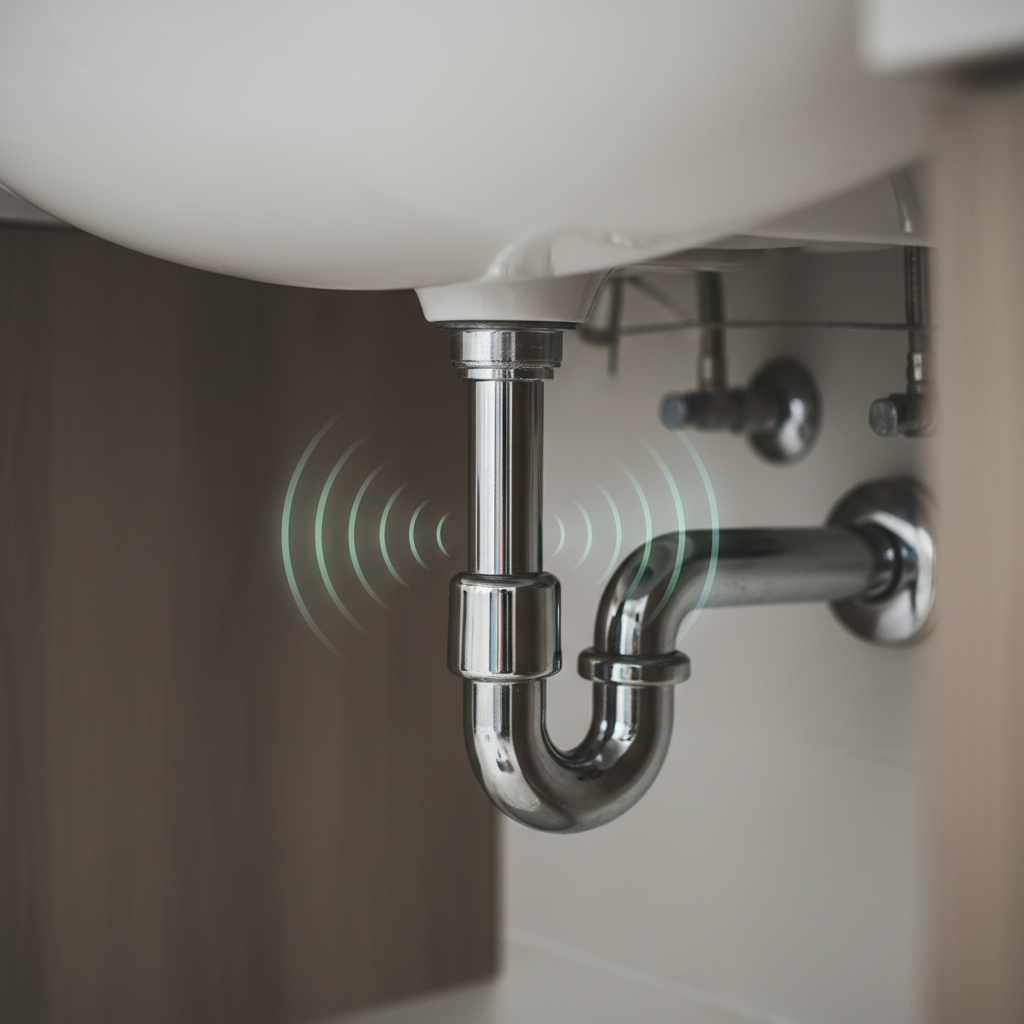 A professional, slightly muted close-up photograph of the plumbing directly beneath a modern bathroom or kitchen sink, focusing on the chrome or PVC U-bend (siphon). Subtle, abstract visual elements like faint, pulsating rings or translucent, stylized sound waves should emanate from the siphon, suggesting a low, gurgling noise. The background should be blurred to keep focus on the siphon, conveying a sense of a common household problem.