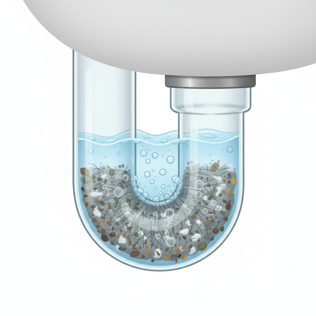 A clear, detailed cutaway illustration of a transparent U-shaped siphon (P-trap) under a sink. Inside the lower bend of the pipe, a visible accumulation of common household debris such as tangled hair, solidified soap scum, and a few small food particles are depicted, forming a partial blockage. Water is shown flowing through the restricted passage, creating swirling eddies and small, trapped air pockets around the obstruction, indicating turbulent flow.