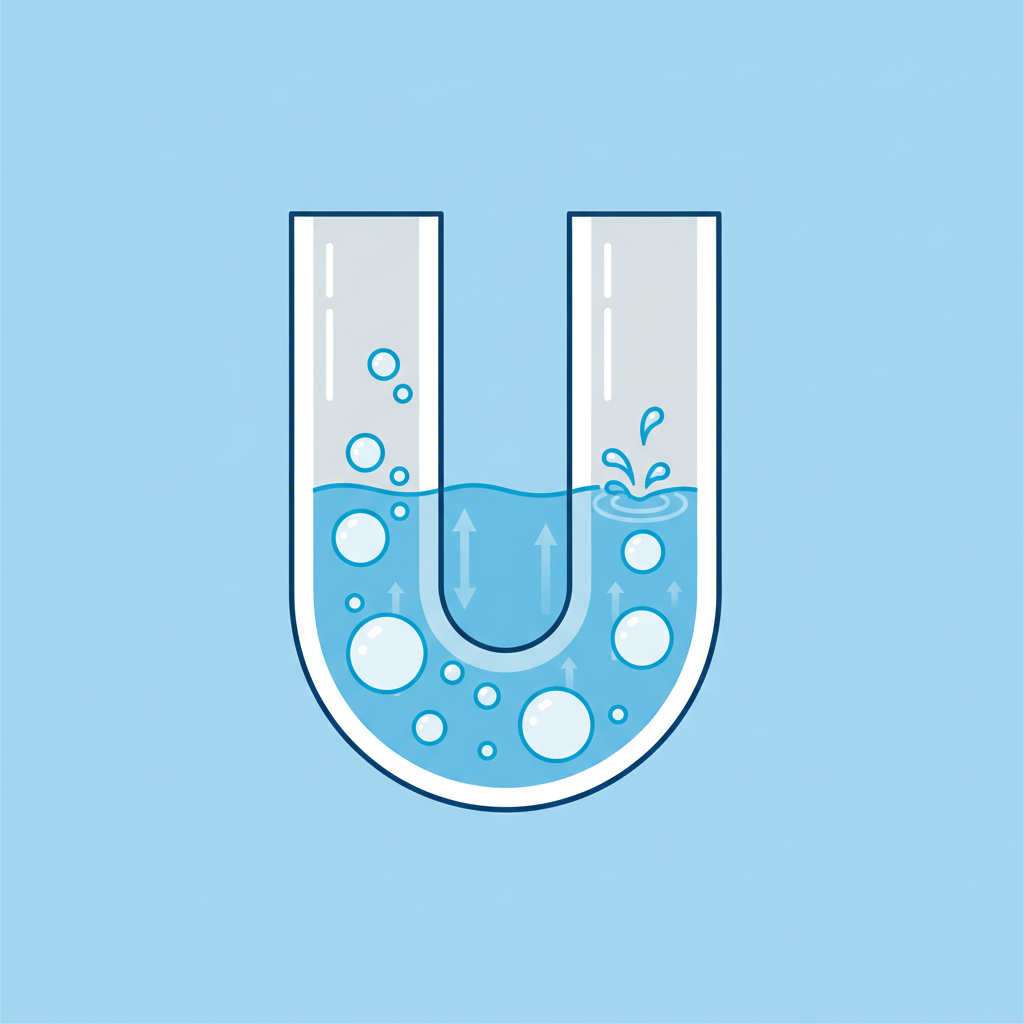 A crisp, flat illustration in a clean, infographic style depicting a cross-section of a simplified U-shaped siphon. The water level forming the 'Geruchsverschluss' (water seal) is clearly shown. Large, stylized air bubbles are depicted actively rising through the water in the U-bend and breaking the surface, illustrating the disturbance caused by air pressure variations. The pipe walls should be minimal and clear, emphasizing the internal dynamics of air and water.