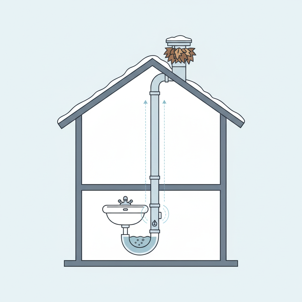 An explanatory diagram in a clean, architectural illustration style showing a simplified cross-section of a house's plumbing system. A bathroom sink with its siphon is visible on a lower floor. The main drain pipe extends upwards to the roof, where a ventilation pipe is clearly depicted. This vent pipe on the roof is shown partially blocked by stylized elements like fallen leaves or snow. Subtle visual cues, like faint dashed lines or pressure arrows, connect the blocked vent to a visibly disturbed water seal in the sink's siphon, perhaps showing the water level slightly reduced or air attempting to enter/exit.