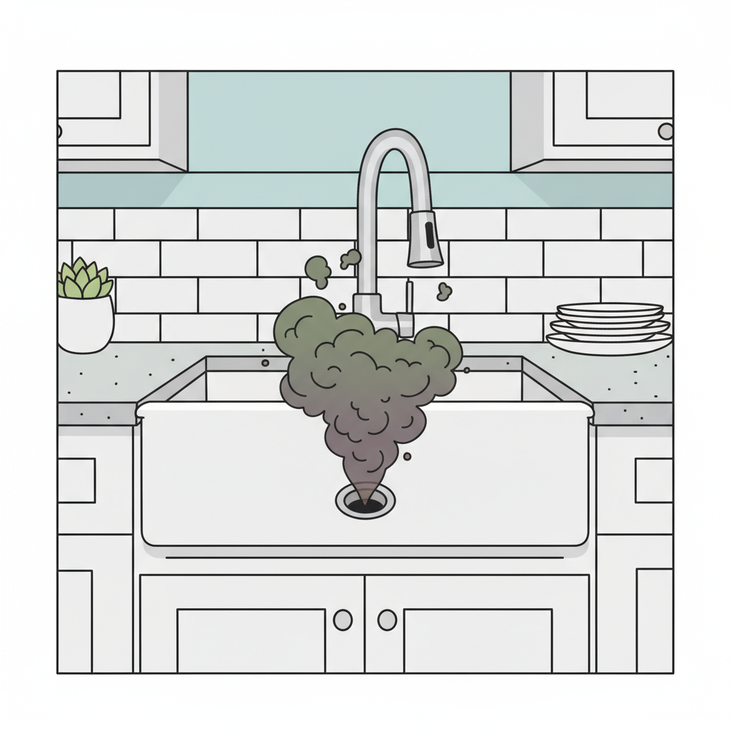 A visually striking, modern flat illustration depicting a common bathroom sink or kitchen sink with an obvious, swirling, greenish-brown cloud of unpleasant odor visibly rising from the drain opening. The surrounding bathroom/kitchen environment should be clean and contemporary, creating a stark contrast with the emanating bad smell, highlighting the disruption caused by the issue. The style should be clean with bold outlines and a limited, appealing color palette, suitable for a blog article.