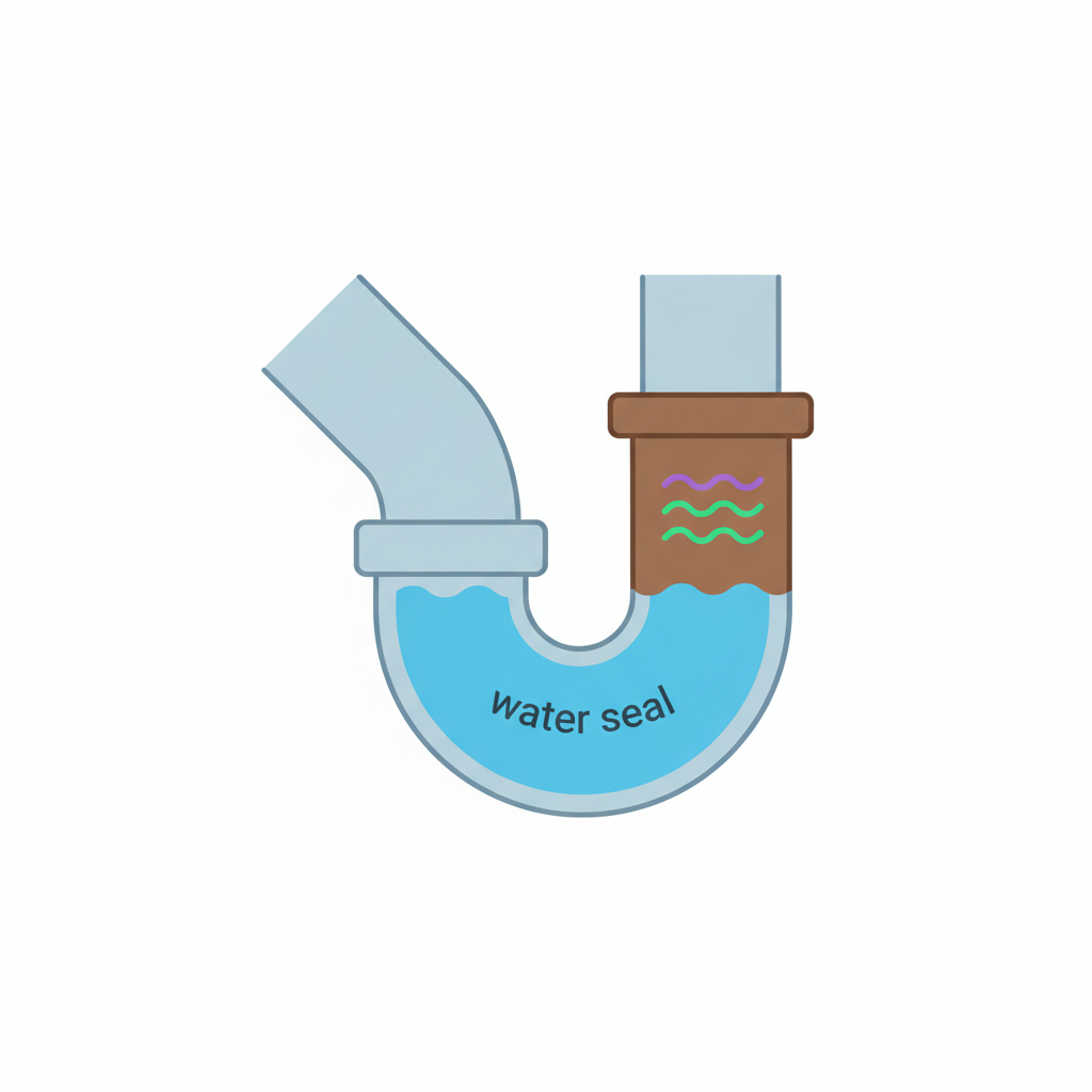 A clear and concise infographic-style diagram showing a cross-section of a typical U-shaped sink siphon. The diagram should clearly illustrate the water level forming a 'water seal' within the U-bend, preventing upward flow of gas. On the sewer pipe side, a subtle visual representation (e.g., faint, wavy lines or colored vapor) should indicate sewer gases being effectively blocked by the water barrier. Use a clean, simplified aesthetic with distinct colors for water, pipes, and gas.