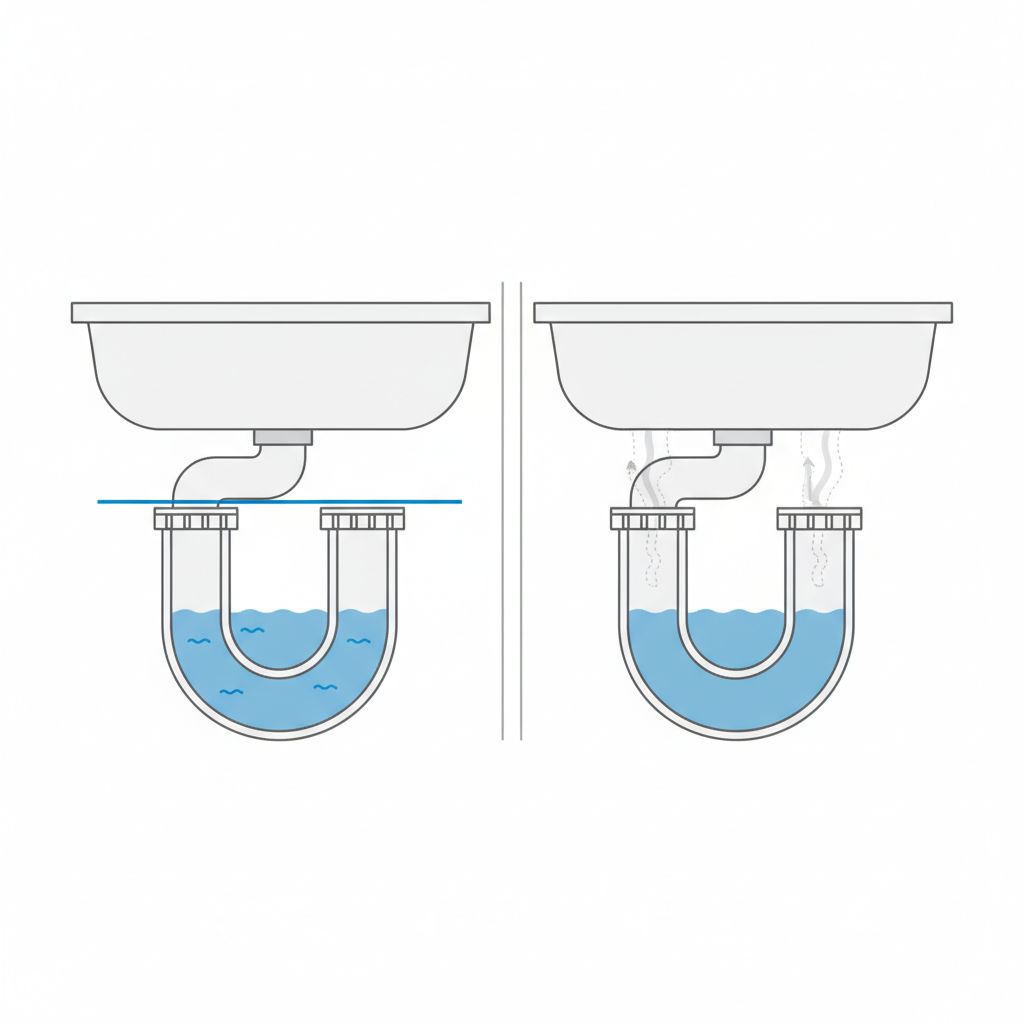 A split-screen or side-by-side technical illustration comparing two states of a sink siphon. On one side, a functional U-shaped siphon with its water trap visibly full, acting as a barrier. On the other side, the exact same siphon but with the water level in the trap significantly lowered or completely evaporated, depicting an open path for gases. Subtle visual cues like dotted lines or faded areas can indicate the missing water and the ingress of unseen gases. Clean, clear diagrammatic style.