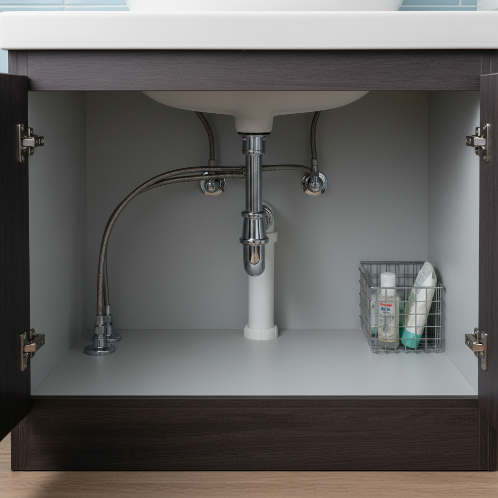 A professional, bright photograph or realistic 3D render showing the under-sink plumbing of a modern bathroom vanity. The focus should be on the visible siphon connecting the sink drain to the wall pipe. The area should appear clean and well-maintained, suggesting a functional and hygienic environment. This image serves to clearly identify the object of discussion in its natural habitat, emphasizing its importance in everyday home sanitation.