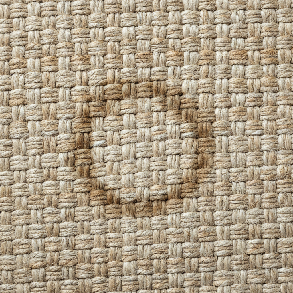 A close-up, top-down professional photo of a light-colored sisal carpet. A prominent, dried water stain is visible, characterized by a slightly darker, ring-shaped discoloration against the natural, woven sisal fibers. The intricate texture of the sisal weave should be clearly discernible, emphasizing its natural, absorbent quality. The lighting should be soft and natural, creating a subtle contrast between the clean carpet areas and the unsightly water mark. The image should visually represent the core problem discussed in the article.