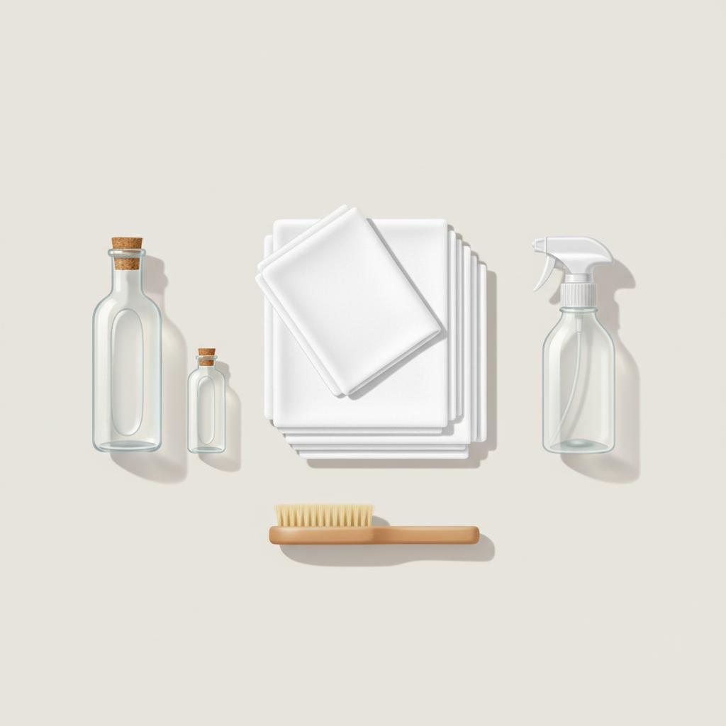 A clean, organized flat lay illustration showcasing the essential tools for removing water stains from a sisal carpet. Display a stack of pristine white microfiber cloths, a clear glass bottle visually suggesting distilled water (no labels), a small bottle of a mild, clear cleaning solution, a transparent spray bottle, and a soft-bristled brush. The items should be neatly arranged on a neutral, light background, evoking a sense of preparedness and cleanliness. The style should be modern, minimalist, and bright, with soft shadows.