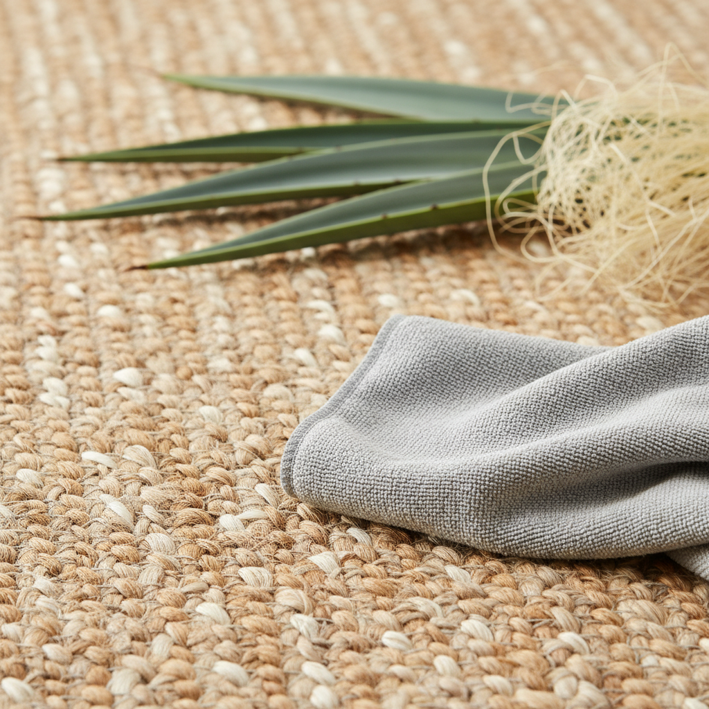 A close-up, inviting shot of a sisal carpet showcasing its distinctive natural weave and warm, earthy tones. Subtly integrated in the background, hints of the Sisal agave plant (leaves or raw fiber bundles) to represent its organic origin. A soft, clean microfiber cloth or a gentle, non-abrasive cleaning tool is delicately touching a small, clean section of the carpet, implying careful and mindful maintenance. The overall scene conveys a sense of natural beauty, cleanliness, and serene care for the delicate fibers. Style: High-quality, warm, inviting studio photography with a focus on texture and natural light.