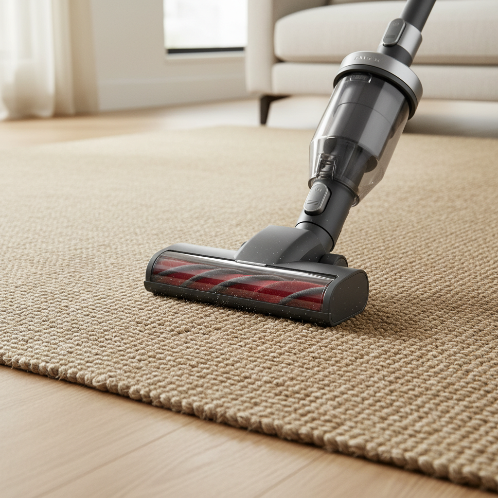 A detailed, slightly overhead view of a sleek, modern vacuum cleaner head with a visible soft brush attachment or a specialized parquet/carpet nozzle. The vacuum head is gently gliding across a section of a tightly woven sisal carpet, highlighting its unique texture. The scene should visually communicate the act of effective yet gentle regular cleaning, possibly with a subtle visual contrast between a pristine cleaned area and the slightly less vibrant original carpet. The environment is bright and clean, suggesting a well-maintained home. Style: Professional, crisp, and functional product photography style, emphasizing the cleaning action and the carpet's texture.