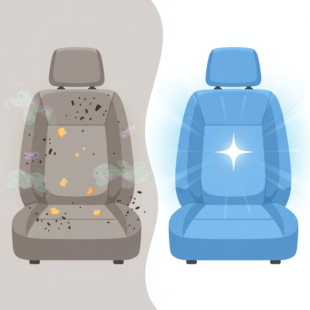A split-scene flat illustration depicting the contrast between a dirty and a clean car seat. On one side, a fabric car seat is visibly marred with abstract dust particles, crumbs, and faint, cloud-like representations of bacteria, signifying an unhealthy environment. On the other side, the same car seat is immaculate, sparkling, and emits a sense of freshness with subtle light rays. The overall style should be vibrant and clean, emphasizing the transformation from neglected to pristine for improved hygiene.