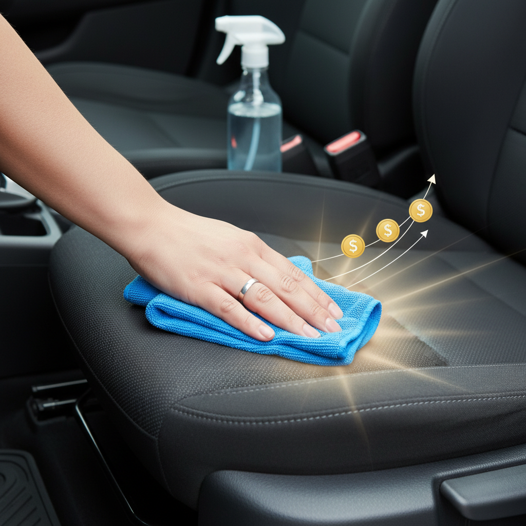 A modern, professional photograph showing a gender-neutral hand actively wiping a car seat with a microfiber cloth. A cleaning spray bottle is visible in the background, slightly out of focus. The car seat itself is clean and well-maintained. Subtle, abstract visual cues around the cleaned area suggest increased vehicle value, such as a gentle upward curve or simplified coin icons, and enhanced comfort, like a soft, inviting glow. Focus on the practical action and positive outcomes of car seat cleaning.