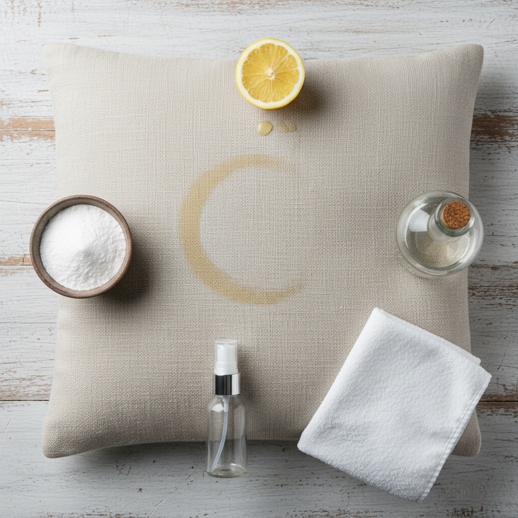 A professional flat lay photo from a top-down perspective, showcasing various natural cleaning agents arranged neatly around a section of a light-colored, slightly stained sofa cushion. The scene should include a small bowl of baking soda, a bottle of white vinegar, a sliced lemon, a small spray bottle, and a clean white microfiber cloth. The focus should be on the potential of these simple household items to tackle stains on upholstery, conveying a sense of natural, effective cleaning. The lighting should be bright and even, emphasizing cleanliness and the natural aesthetic of the ingredients.