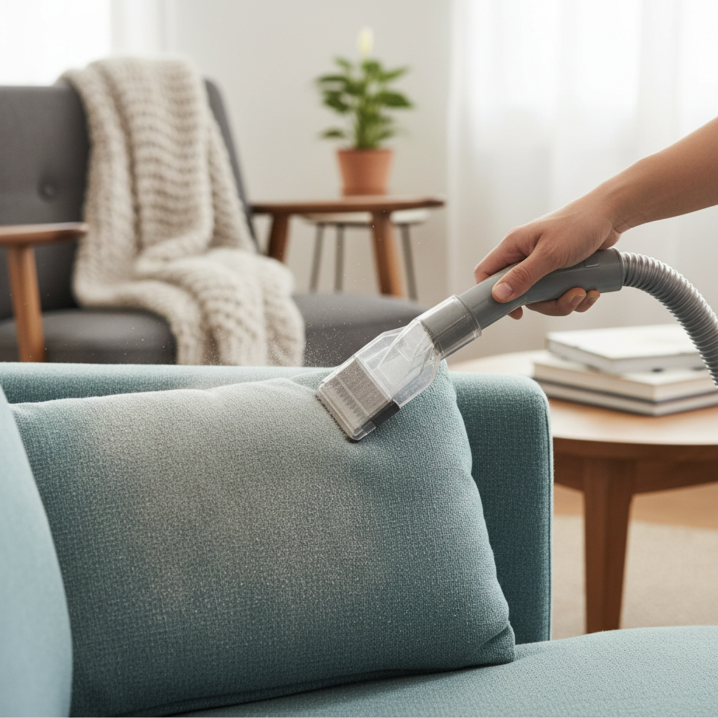 A professional lifestyle photo capturing a detailed shot of a hand using a vacuum cleaner with a specialized upholstery attachment on a sofa cushion. One side of the cushion should appear slightly dusty or show a subtle 'before' state, while the area where the vacuum is actively cleaning should look visibly fresher and cleaner. The background should be a softly blurred, cozy living room environment, suggesting a domestic cleaning task. The focus is on the crucial first step of removing loose dirt and dust from furniture, emphasizing preparation and effective cleaning techniques. The image should be clean, bright, and practical.