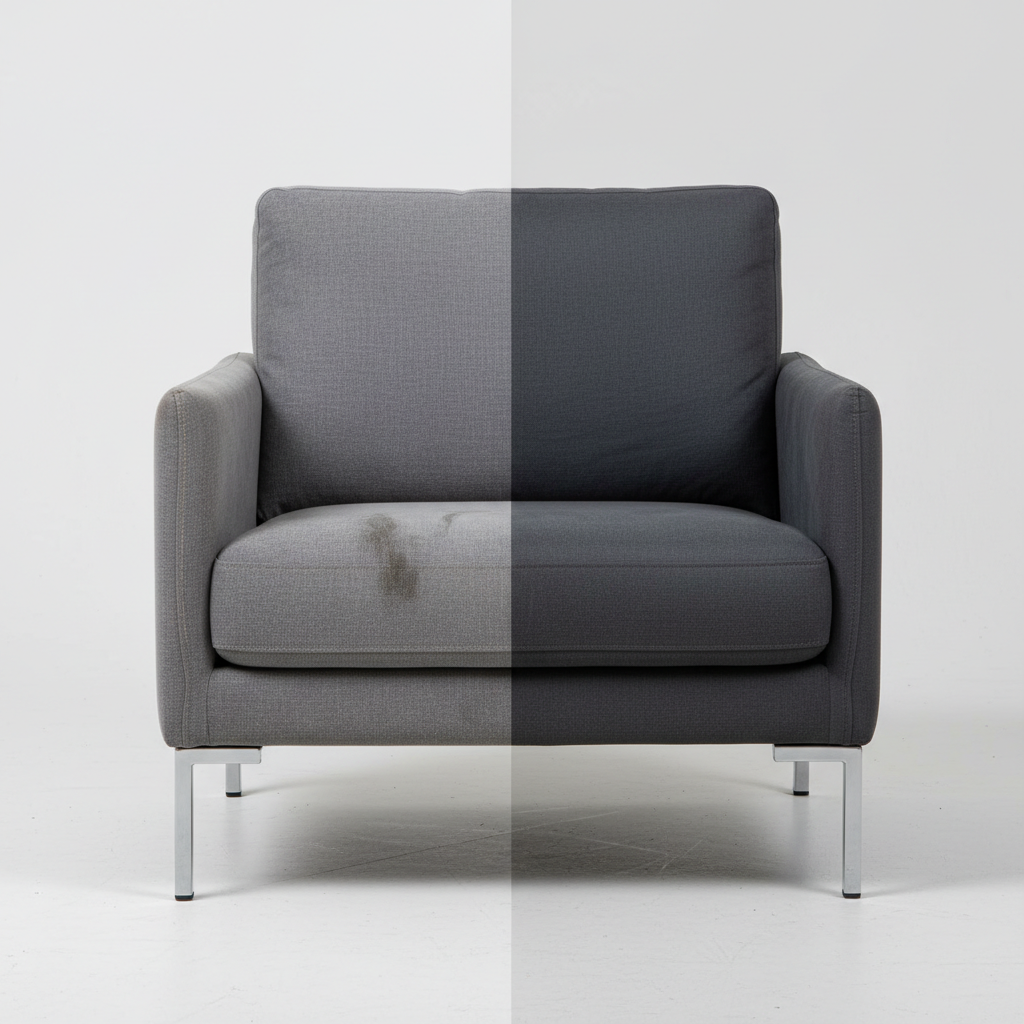 A professional studio photograph depicting a comfortable, modern sofa or armchair. The image is split visually down the middle: one half appears worn, slightly dulled, and with faint, abstract indications of dirt or dust, representing the 'before' state. The other half is vibrantly clean, fresh, with rich, saturated fabric colors and a polished appearance, showcasing the 'after' effect of thorough cleaning. The overall impression should be one of significant transformation and renewed beauty, highlighting the article's promise of 'strahlende Möbel' and extended lifespan.