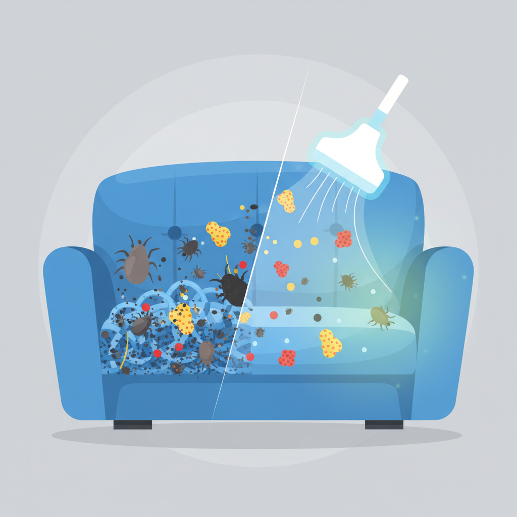 A clean, modern flat illustration showing a cutaway view of an upholstered sofa cushion. On one side, magnified, abstract representations of dust mites, microscopic dirt particles, and allergens are visibly embedded within the fabric fibers, indicating poor hygiene. On the opposing side, a stylized, gentle cleaning action, such as an abstract vacuum nozzle or brush symbol, is actively shown lifting and removing these particles, leaving the fabric visibly fresh, clear, and vibrant. The visual aims to convey the importance of cleaning for hygiene and longevity.
