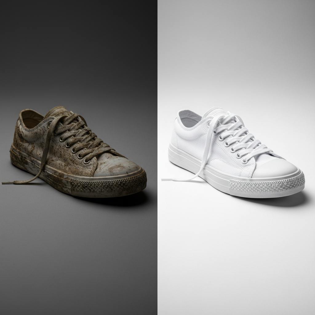 A visually striking 'before and after' comparison image of a pair of white canvas sneakers. On the left side, the sneakers appear heavily stained with mud, dirt, and scuff marks, looking dull and neglected, with signs of wear. On the right side, the exact same pair of sneakers is sparkling clean, pristine white, and looks brand new, almost glowing. A subtle, dynamic light illuminates the clean sneakers, sharply contrasting with the muted, dirty side. Professional product photography style with a crisp, high-resolution finish, emphasizing texture and detail.