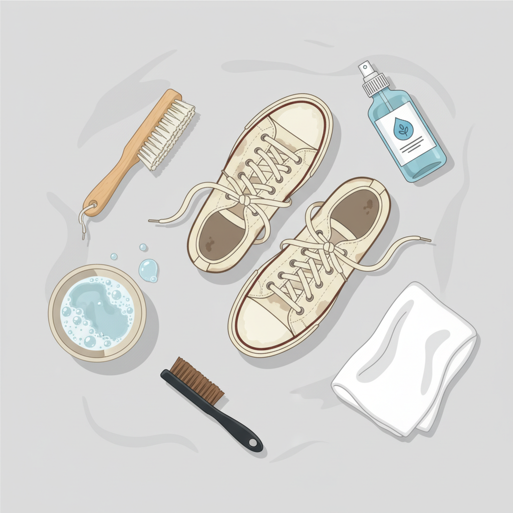A neatly organized flat lay illustration showcasing various sneaker cleaning essentials. In the center, a pair of moderately dirty, light-colored sneakers is positioned. Around them, arranged in an appealing, organized manner, are objects like a soft-bristled brush, a tougher utility brush (e.g., for soles), a small bowl with foamy soapy water, a clean white microfiber cloth, and a small bottle of generic cleaning solution. The composition should feel inviting and practical, demonstrating readiness for the cleaning process. Clean, modern flat illustration style with subtle textures and shadows.
