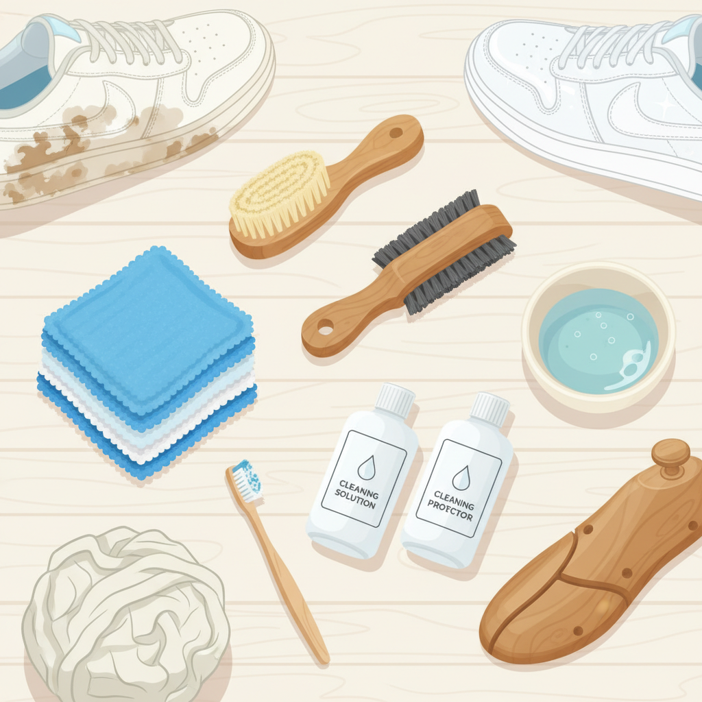 A vibrant flat lay illustration showcasing various sneaker cleaning tools neatly arranged on a light-colored surface. Include a soft bristled brush, a stiffer brush, an old toothbrush, generic bottles of cleaning liquid (no brand labels), a stack of clean microfiber cloths, a small bowl of lukewarm water, and a shoe tree or crumpled newspaper. In the background, subtly hint at a pair of sneakers, one looking slightly worn, the other appearing sparkling clean. The overall style should be clean, modern, and inviting, emphasizing organization and readiness for action.