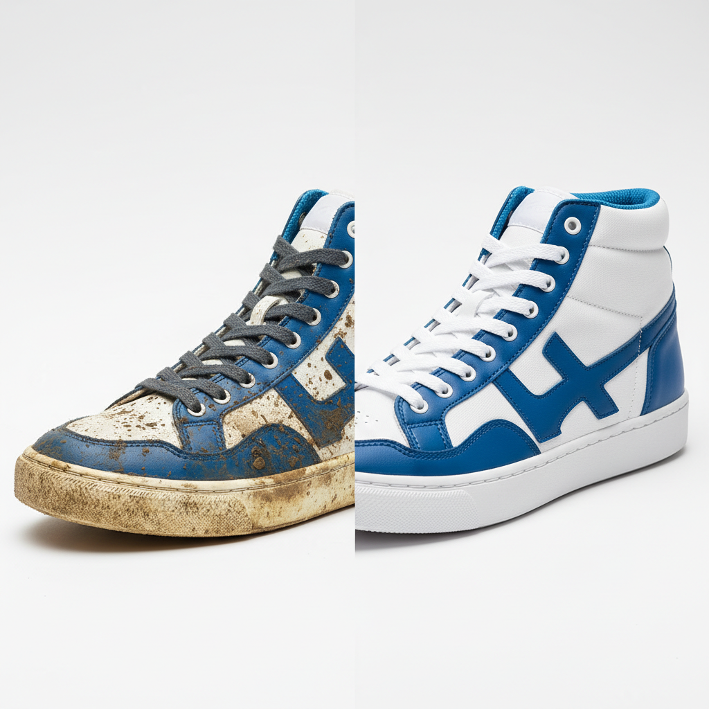 A professional photo capturing the 'before and after' transformation of a sneaker. On the left, a visibly dirty sneaker with mud splatters and dull colors. On the right, the exact same model of sneaker appears pristine, gleaming, with vibrant colors and sparkling white soles, looking brand new. The focus is on the dramatic visual difference achieved through cleaning. The background should be clean, minimalist, and bright, allowing the shoes to be the main focus, highlighting textures like leather or canvas in a realistic manner.
