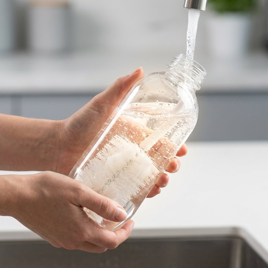 A close-up, professional studio photo of hands gently cleaning a transparent Sodastream bottle under a stream of sparkling water. The bottle is filled with a soft glow from within, emphasizing its pristine cleanliness. Soap suds lightly foam around a soft cleaning brush or sponge inside the bottle, meticulously reaching all corners. The background is blurred and clean, suggesting a modern kitchen environment. The overall impression is one of meticulous care, hygiene, and freshness, visually communicating simple yet effective cleaning methods for drinkware.