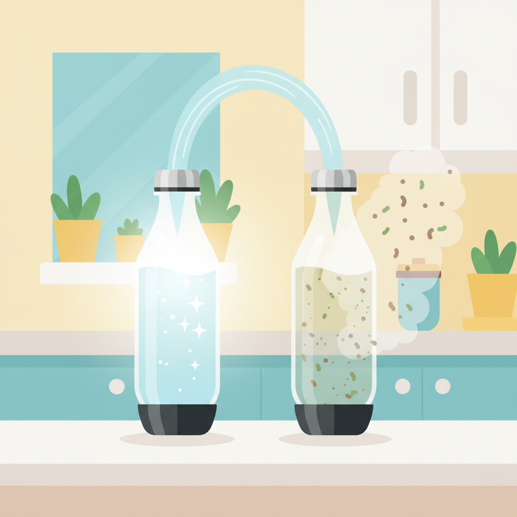A vibrant flat illustration depicting two Sodastream bottles side-by-side on a minimalist kitchen counter. The bottle on the left is pristine, gleaming with internal light, suggesting sparkling clean water. The bottle on the right appears slightly duller, with subtle, abstract greenish and brownish specks or particles gently clinging to its inner surface, representing hidden residue and bacteria. A delicate, illustrative flow of fresh water emanates from the clean bottle, contrasting with a faint, almost invisible cloud of microscopic, abstract shapes hovering around the contaminated one, highlighting the importance of hygiene.