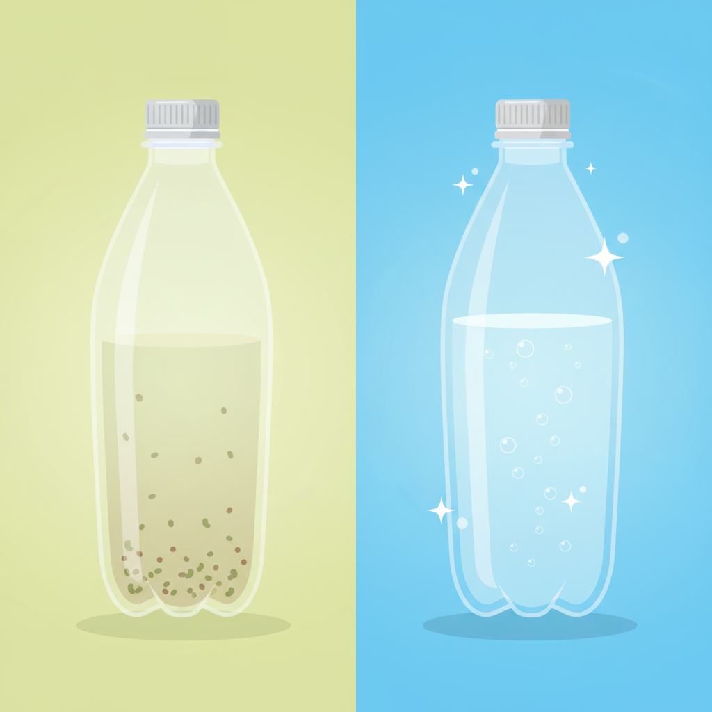 A vibrant, eye-catching flat illustration depicting a 'before and after' scenario for a Sodastream bottle. On the left side, a translucent Sodastream bottle appears slightly cloudy inside, with subtle, stylized green or brown specks hinting at bacterial growth or residue at the bottom. A faint, unpleasant aura could subtly surround it. On the right side, an identical Sodastream bottle is sparkling clean, crystal clear, possibly filled with clean, effervescent water, radiating a sense of freshness and hygiene against a simple, bright background.
