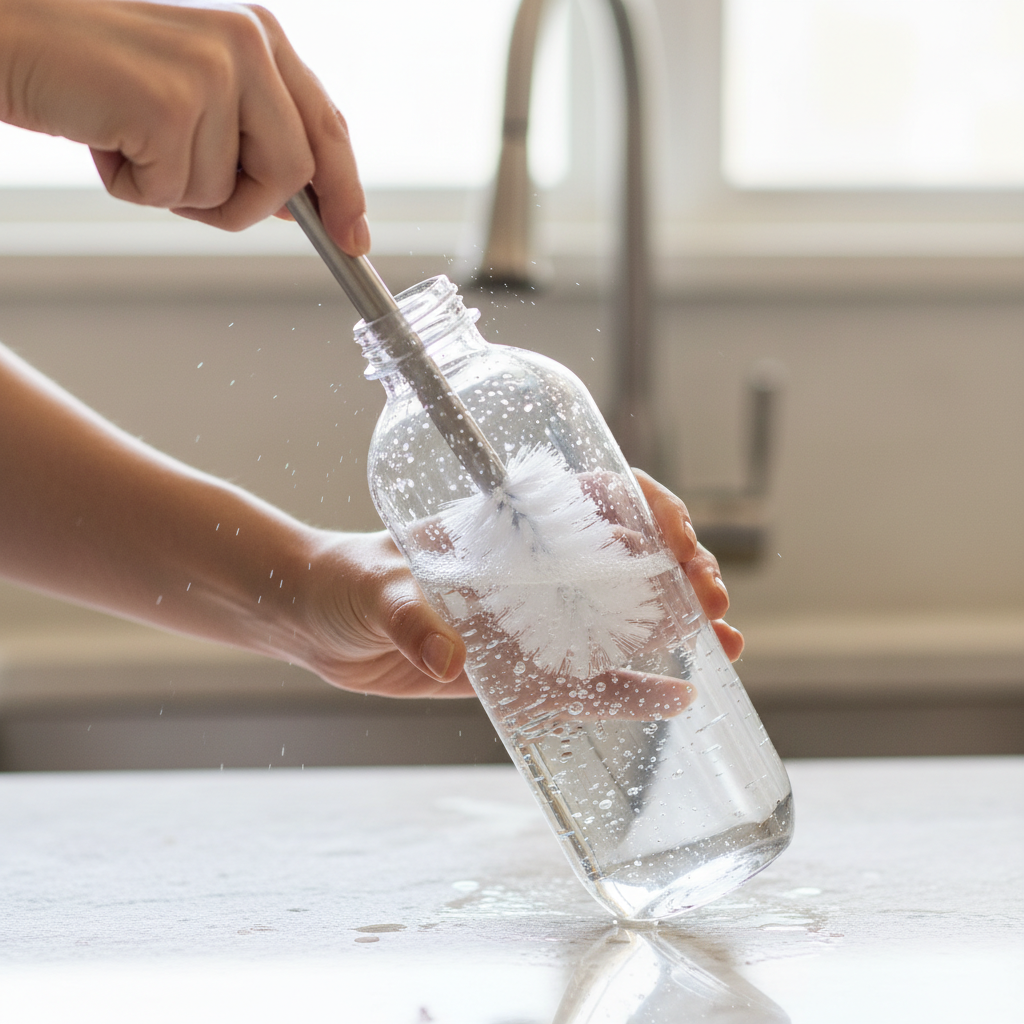 A bright and clean professional photo capturing a person's hands actively cleaning a transparent Sodastream bottle. The hands, possibly holding a specialized long-handled bottle brush, are shown scrubbing the interior of the bottle. Gentle water splashes or foam could be visible, emphasizing the cleaning action. The bottle should be visually transforming from slightly dull to sparkling clean. The background should be a blurred, clean kitchen counter, suggesting a practical, domestic setting.