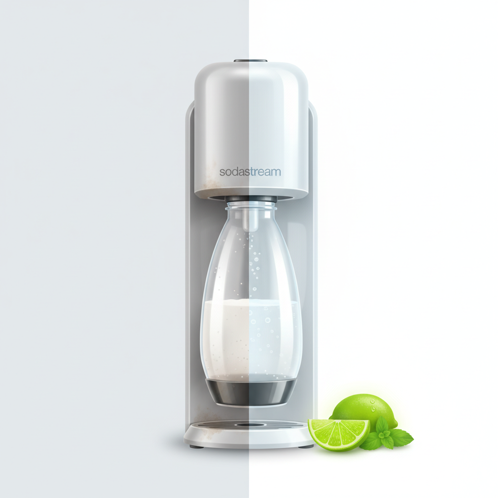 A vibrant, split-screen infographic style illustration demonstrating the 'before and after' of Sodastream cleaning. On one side, a slightly grimy Sodastream device with a cloudy bottle and subtle indications of residue (e.g., small specks, dullness), looking neglected. On the other side, the same Sodastream sparkling clean, gleaming, with a crystal-clear bottle, perhaps a fresh fruit slice nearby, emphasizing hygiene, good taste, and freshness. The background should be clean and bright, enhancing the contrast between the two states.