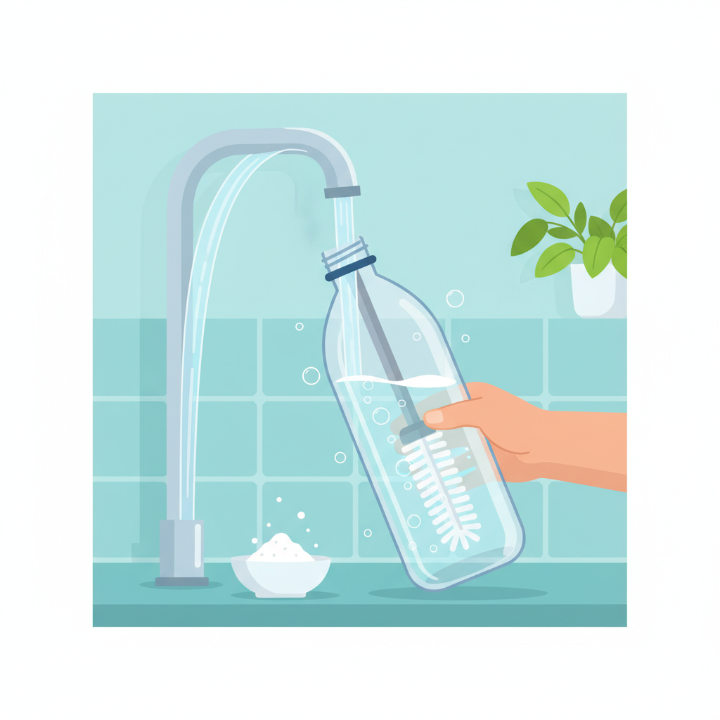 A bright, clean flat illustration depicting the process of cleaning a Sodastream bottle. A transparent Sodastream bottle is shown under a gentle stream of water, possibly from a tap, with a soft bottle brush carefully scrubbing the inside. Nearby, a small dish of natural cleaning solution (e.g., baking soda or vinegar) is subtly visible. The scene should convey ease and thoroughness, with water droplets and bubbles adding a dynamic touch. The overall impression should be fresh and hygienic, set against a simple kitchen or utility background.