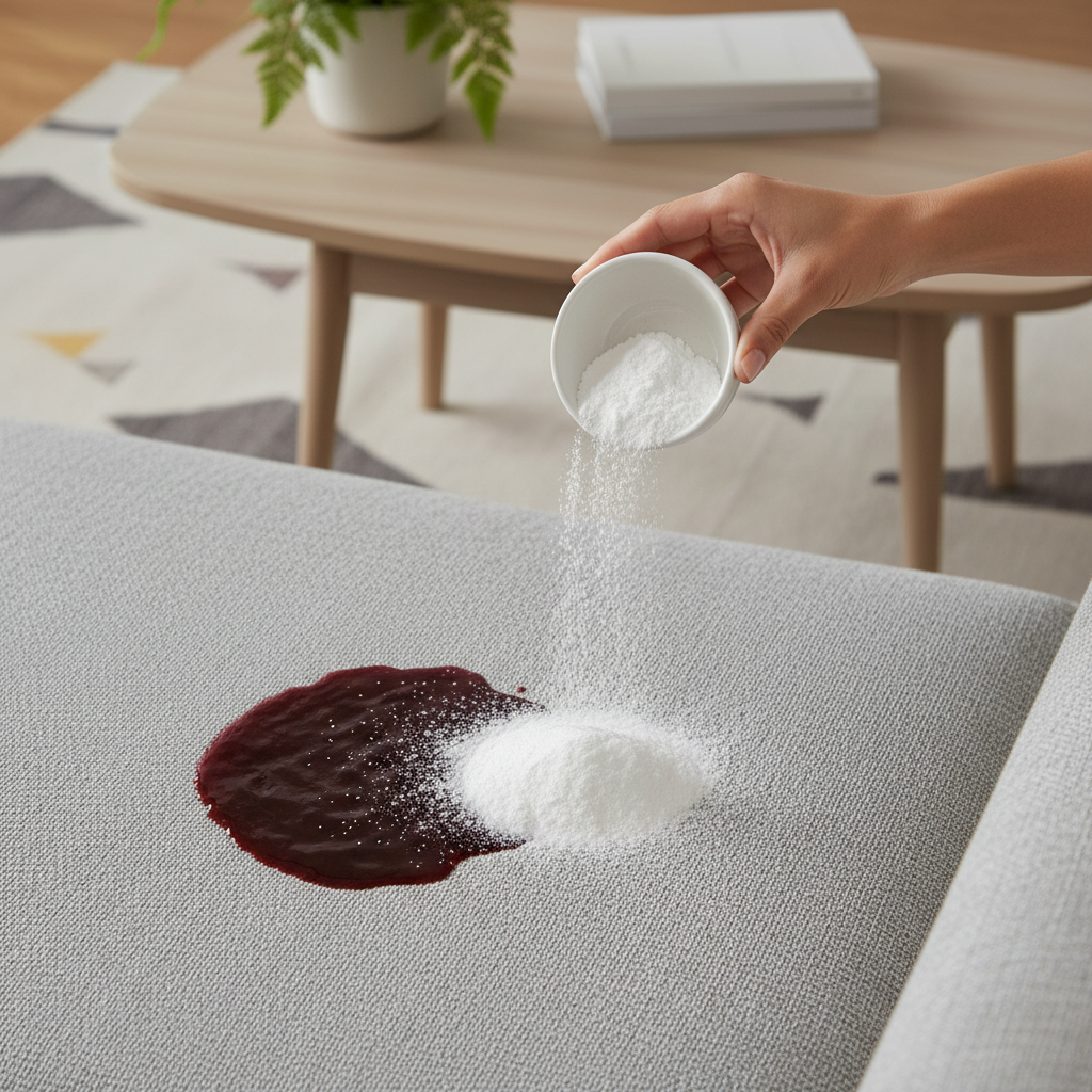 A close-up, top-down shot of a contemporary fabric sofa cushion. A prominent, fresh red wine stain mars one part of the cushion. Next to it, a hand (ethnically ambiguous) gently sprinkles a fine white powder, representing baking soda, directly onto the stain, completely covering it. The background is softly blurred, hinting at a modern living room setting. The overall mood is clean and instructional, emphasizing the immediate action. Style: professional, bright, and detailed lifestyle photography.