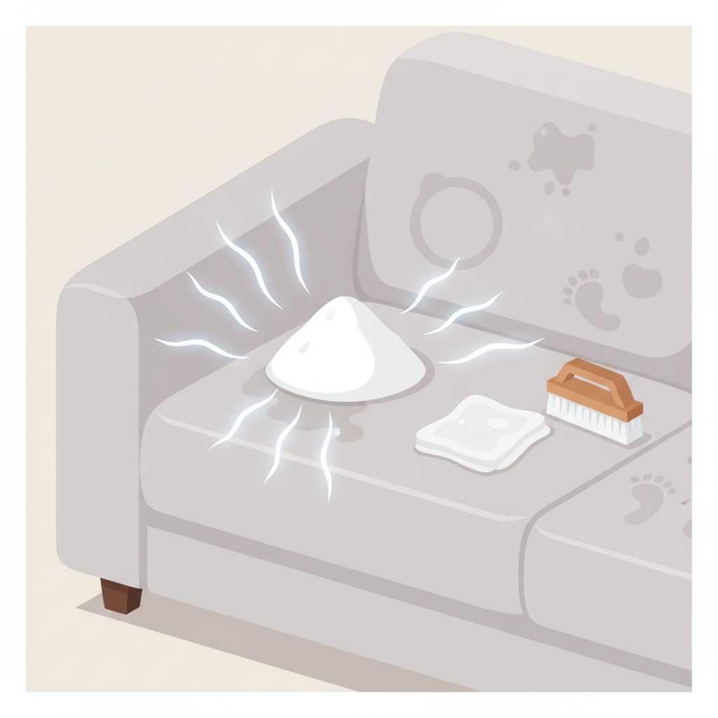 An elegant flat illustration depicting a stylized sofa section with various light grey stain outlines (e.g., a coffee cup ring, a grease splatter, a small muddy footprint). Superimposed over these stains, a heap of white baking soda powder is centrally positioned, emitting subtle, glowing 'cleaning' energy lines radiating outwards towards the stains, symbolizing its effectiveness. Adjacent to the baking soda, a small, clean, damp cloth and a soft brush are neatly arranged. The color palette is fresh and clean, using soft neutrals for the sofa and pops of white for the baking soda. Style: clean, modern flat illustration with a touch of infographic clarity.