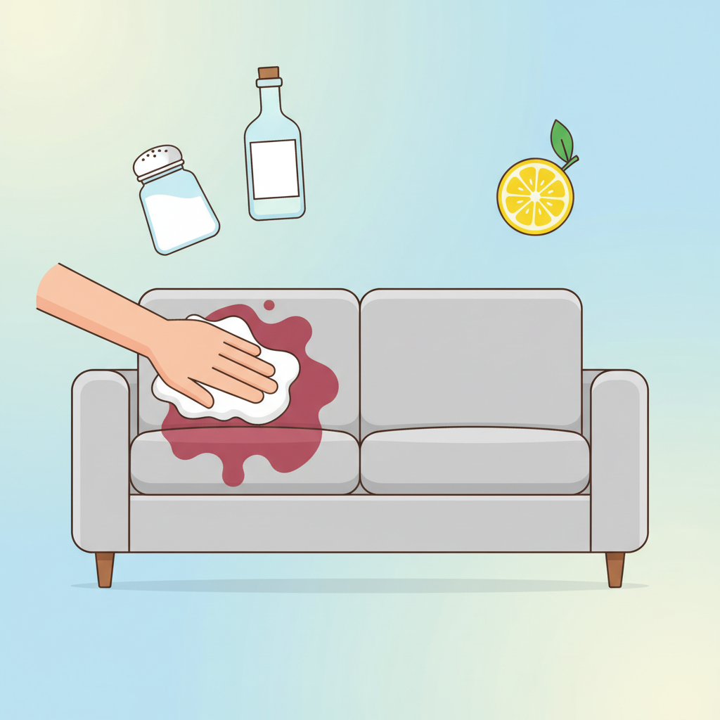 A detailed flat illustration showing a clean, modern sofa with a visible, fresh red wine stain. A gentle, disembodied hand, rendered in a clean, graphic style, is dabbing the stain with a pristine white cloth. Surrounding the sofa and hand are stylized, floating icons of common home remedies: a shaker of baking soda, a bottle of white vinegar, and a lemon slice. The scene is bright and airy, conveying cleanliness and effectiveness, with a soft pastel color palette.