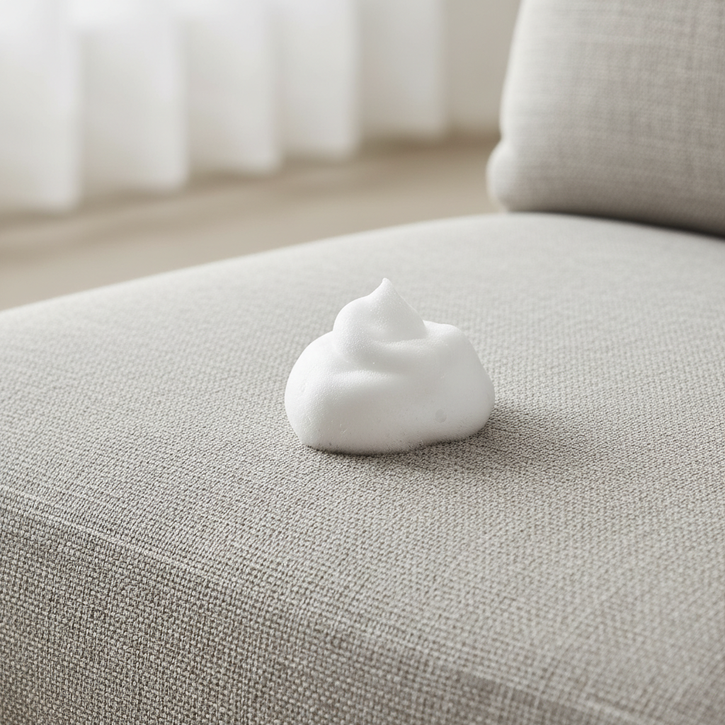 A close-up, slightly elevated perspective of a modern sofa cushion made of light grey fabric. A dollop of fresh, white shaving foam is visibly settled on the fabric, appearing soft and slightly raised. A gentle, diffused light highlights the texture of both the fabric and the foam, creating a realistic sense of an accidental spill. The scene conveys a quiet urgency, suggesting an immediate need for cleaning. The overall style should be a professional, clean photograph, emphasizing realism and the texture of the materials.