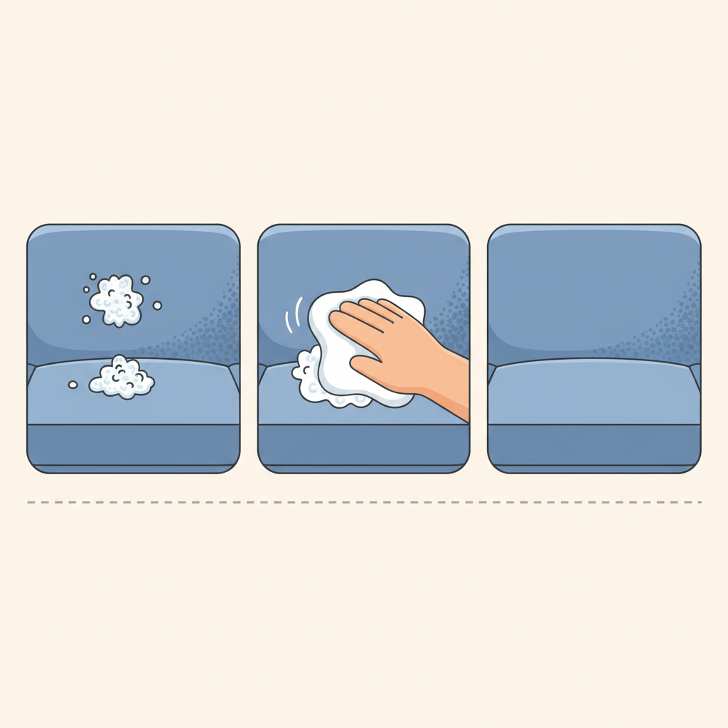 A vibrant, clean flat illustration depicting a step-by-step cleaning process for a shaving foam stain on a sofa. The illustration features a generic fabric sofa section. On the left, a small, dried white shaving foam stain is visible. In the center, an abstract hand (without specific racial features) gently dabs the stain with a soft, clean cloth. On the right, the same sofa section is now perfectly clean and pristine. The style should be an infographic-like illustration with clear lines and soft, inviting colors, focusing on the transformation and ease of cleaning.