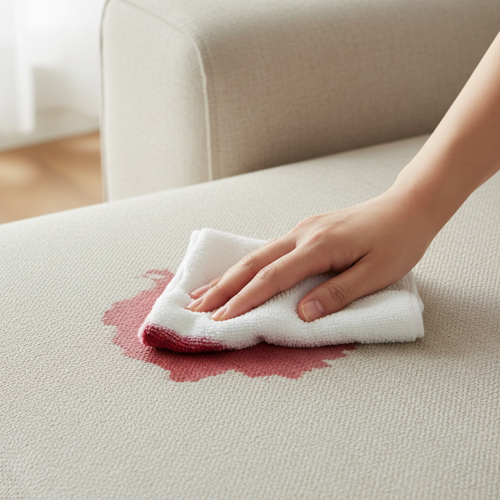 A close-up, dynamic shot of a hand gently blotting a fresh red wine stain on a light-colored fabric sofa. The hand holds a clean, white microfibre cloth, dabbing carefully at the edges of the spill. The fabric shows the initial spread of the red wine, with the blotting action visibly absorbing some of the liquid. Emphasize the softness and care of the blotting motion, from outside to inside the stain. Professional, realistic photo style with bright, natural lighting.