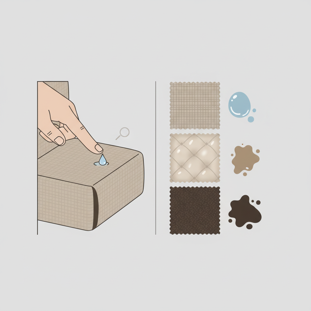 An infographic-style illustration depicting key preparatory steps for sofa stain removal. One section shows a close-up of a finger carefully testing a small, clear drop of cleaning solution on an inconspicuous underside corner of a sofa fabric swatch. Another stylized section depicts various fabric textures (e.g., woven, velvet, microfiber) and different common stain shapes (e.g., a liquid drop, a greasy smudge) next to them, symbolizing identification. Clean lines, soft, muted color palette, flat illustration style.