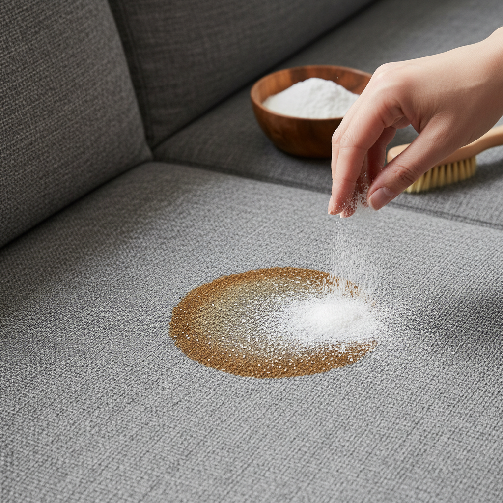 A professional, bright close-up photo of a modern grey fabric sofa cushion. A visible, circular dark brown coffee stain is prominent on the fabric. A hand, reaching from the top right, is gently sprinkling a fine white powder (representing Natron) directly onto the center of the stain. In the background, slightly out of focus, sits a small wooden bowl filled with white powder and a soft bristled brush. The lighting is natural and inviting, emphasizing the texture of the sofa and the contrast of the stain with the cleaning powder, conveying a sense of practical application.