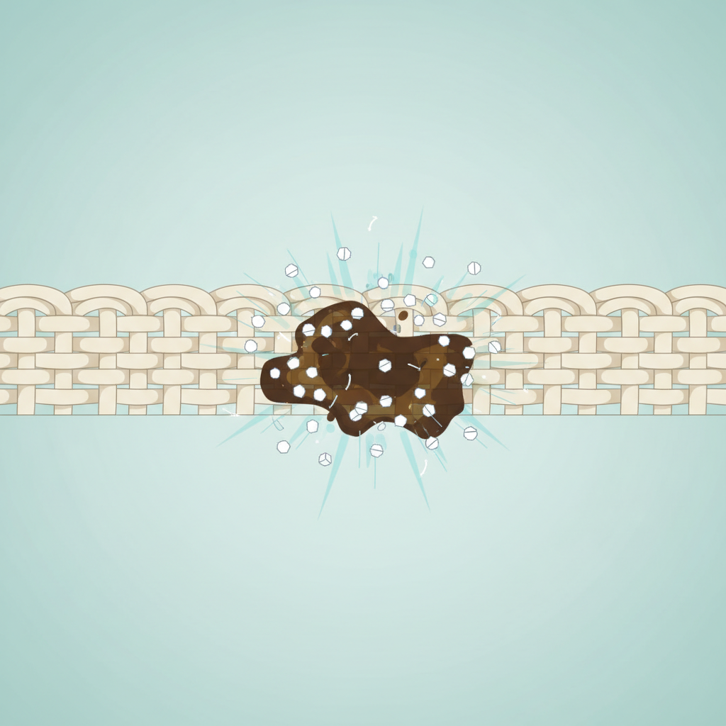 A clean, infographic-style illustration depicting a microscopic view of sofa fabric fibers tackling a stain. The illustration shows a cross-section of woven fabric threads (clean, light beige). Embedded within these threads is a dark, amorphous blob representing a typical grease or food stain. Surrounding and penetrating the stain are numerous tiny, geometric white particles (representing Natron). Subtle, light blue aura lines or small arrows emanate from the Natron particles towards the stain, visually suggesting absorption and dissolution without explicit chemical symbols. The background is simple and uncluttered, focusing on the scientific action.
